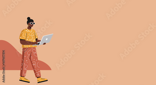 Modern illustration of a stylish Black woman working casually on her laptop, depicting remote work, digital lifestyle, and online connectivity.