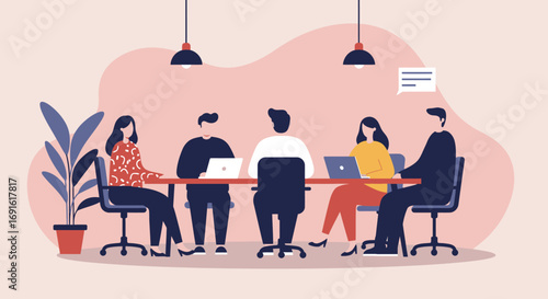 Professional team collaborating in a modern office, engaged in a business meeting with laptops. Illustrates teamwork, productivity, and communication in a corporate setting.