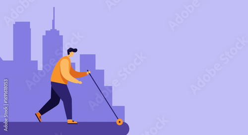 A man actively creates his upward path, symbolizing progress, growth, and overcoming challenges in a stylized city environment. Ideal for business, development, or motivation.