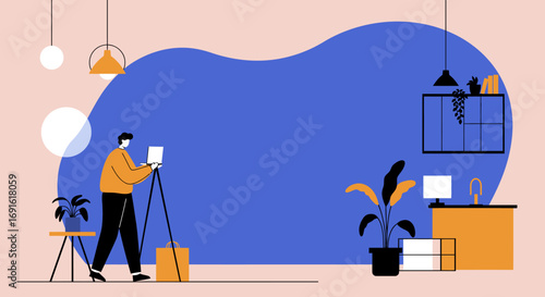 Man working remotely with a laptop on a tripod in a minimalist home office setup, blending technology and comfort for modern productivity. Ideal for business and lifestyle content.