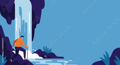Man hiking with a walking stick next to a powerful waterfall in a vibrant natural landscape. Great for adventure, exploration, travel, and an active outdoor lifestyle.