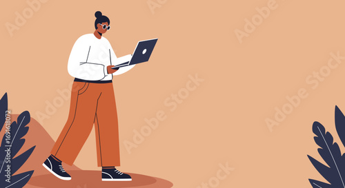 Focused individual works on a laptop in a serene, natural-inspired setting. Ideal for remote work, digital lifestyle, online learning, and global connectivity concepts.