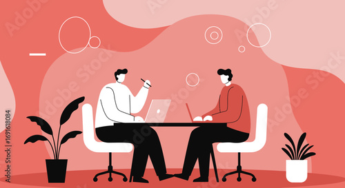 Two men collaborate on laptops in a modern office environment, symbolizing teamwork, innovation, and digital business. Ideal for tech, education, and professional development content.