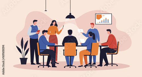 Diverse business team collaborating in an office meeting, discussing strategies and ideas. Perfect for themes of teamwork, innovation, corporate communication, and modern workplace productivity.