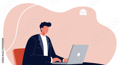 Professional man in a suit working on his laptop, sending emails or digital messages. Ideal for business, communication, and technology concepts.