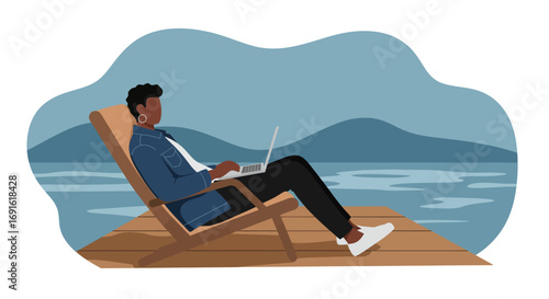Person working remotely on a laptop while relaxing on a wooden dock by a serene lake with mountains. Represents freedom, work-life balance, and flexible lifestyle.