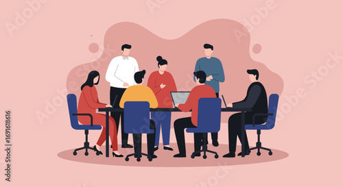 Diverse team collaborates in a modern office meeting, discussing strategies and ideas. Focuses on teamwork, innovation, and professional productivity in business.