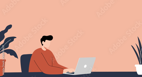 A person focused on work or study using a laptop at a minimalist desk with plants, suitable for business, education, and lifestyle content.