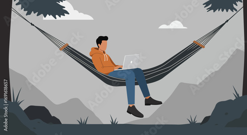 Man in a hammock working on laptop amidst nature. Represents remote work, digital nomad lifestyle, and achieving work-life balance. Perfect for business, travel, and wellness concepts.