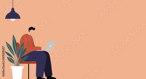 Man working remotely on laptop in a modern home office setting. Ideal for concepts of productivity, freelance, online education, and digital lifestyle.