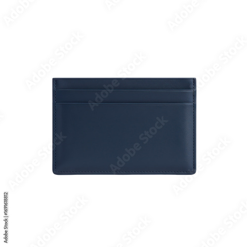 Sleek navy blue leather card holder with stitched edges, isolated on white background