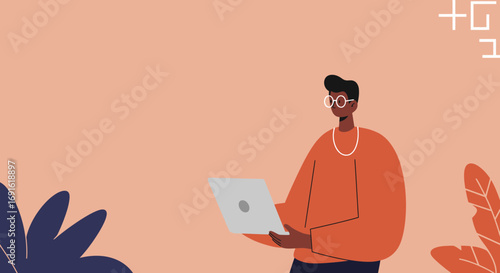 Modern illustration of a man working on a laptop, ideal for concepts like remote business, education, or creative freelance work.