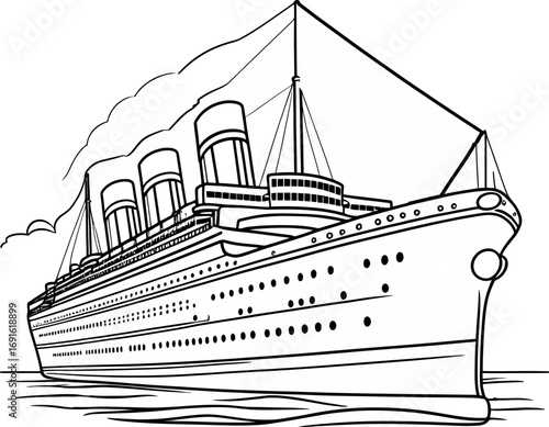 Classic Ocean Liner in Silhouette: A detailed illustration of a grand ocean liner sails majestically, showcasing its iconic form and design, rendered in stark black and white.