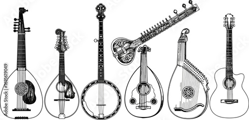Vintage string musical instruments vector collection, hand drawn lute, guitar, banjo, sitar, oud, mandolin, traditional folk music art