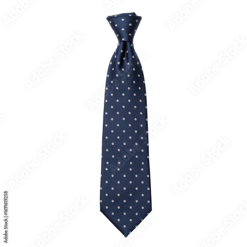 Elegant navy blue tie with delicate white dot pattern, isolated on white background