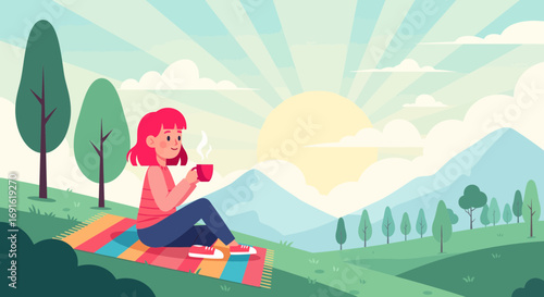 A person enjoys a warm drink amidst a picturesque landscape with rolling hills and trees at sunrise, evoking feelings of peace and tranquility