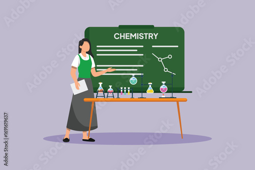 School subject chemistry with female teacher. School Subject Concept. Colored flat vector illustration isolated