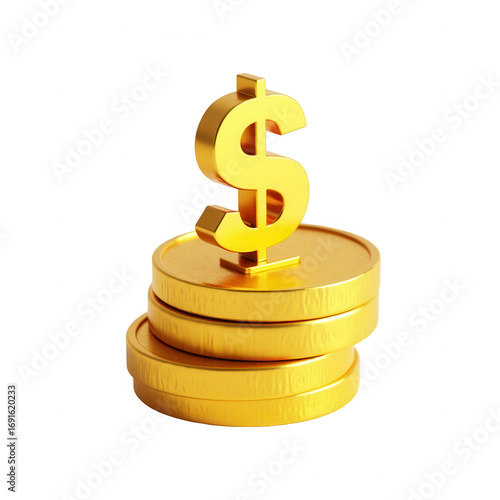 A golden dollar symbol rests atop a stack of golden coins against a black background.