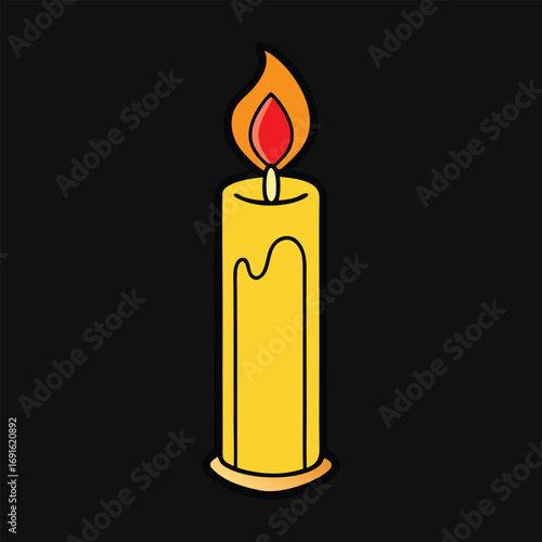 A glowing candle shines brightly against a dark black background, casting warm, flickering light that creates a cozy, peaceful, and captivating ambiance.
