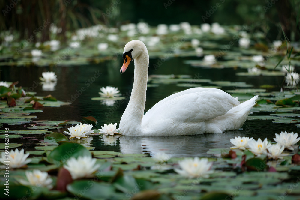 Fototapeta premium a swan on a lake with water flowers and lily pads around her