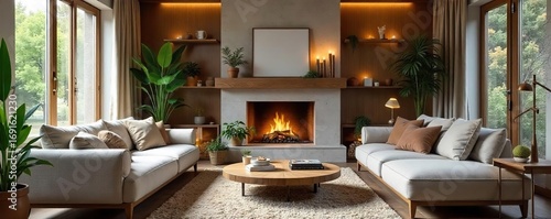 Relaxing Living Room Interior with Fireplace, Perfect for Family Gatherings