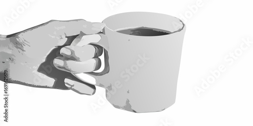 Close up of a hand holding a mug of coffee against a white background
