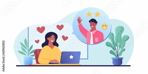 Happy woman receiving positive feedback and appreciation online through video call and messages