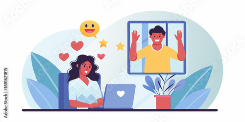 Woman communicating with a man on a laptop screen with hearts and emojis symbolizing connection and happiness
