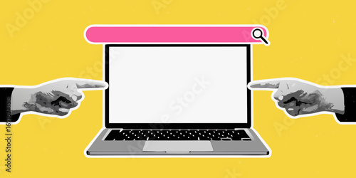 Two hands pointing at a laptop screen with a search bar above it on a yellow background