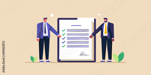Two businessmen reviewing a signed contract with green checkmarks on a clipboard