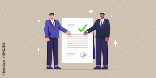 Two businessmen in suits shaking hands over a signed contract with a green checkmark and sparkles