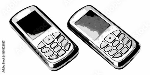 Two vintage mobile phones in a sketch style with a black and white artistic rendering