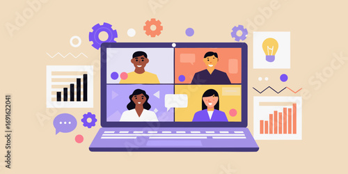 Diverse team collaborating remotely on a video conference call with charts and gears symbolizing teamwork