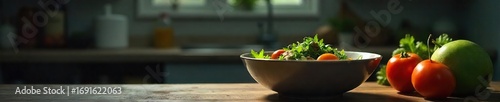 Empty bowl, wilted vegetables, unappetizing meal, dimly lit kitchen, somber mood suggesting lack of appetite and depression , dim light, eating disorder, poor diet