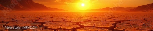 Intense summer heat radiating from sun-baked earth, creating shimmering waves of heat haze above dry, cracked ground Perfect for climate change, drought, or desert themes , barren, intense, dryness