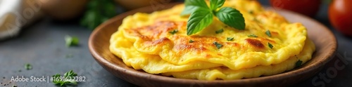Delicious Fluffy Omelets Golden Brown Eggs with Fresh Herbs, Served on Rustic Wooden Plate ? Perfect Healthy Breakfast or Brunch