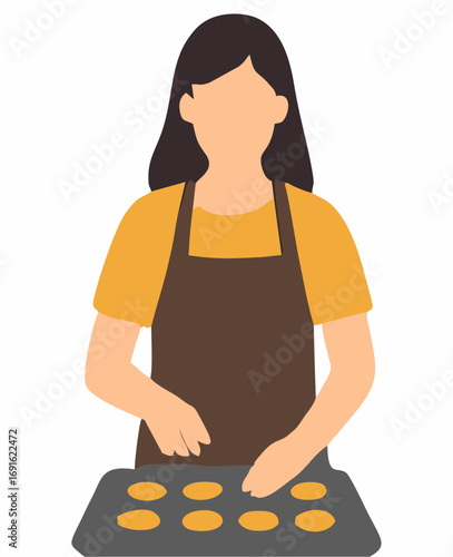 Minimalist vector illustration of a woman in an apron arranging homemade cookie dough on a baking tray, representing a culinary hobby and domestic lifestyle
