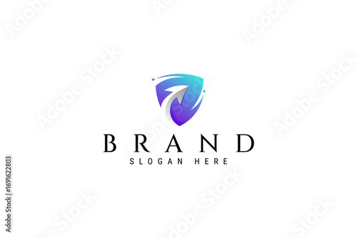Free Download Shield logo with up arrow icon in modern futuristic flat design style - GFXLoad