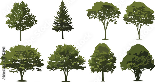 Collection of green tree illustrations, natural forest plants, eco friendly foliage design, outdoor park landscape, leafy environment artwork, botanical clipart.