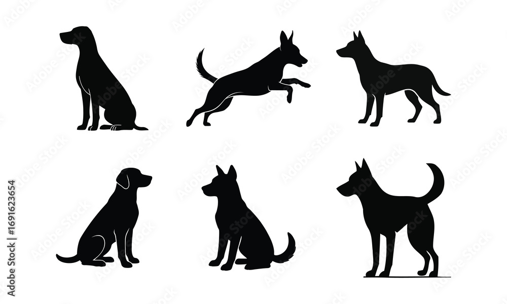 Fototapeta premium Dog silhouettes vector illustration set of dogs in black outline design