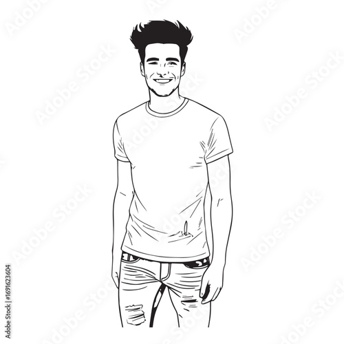 Handsome Man Black and White Illustration Vector Image Male Portrait Fashion Sketch Line Art Design	
