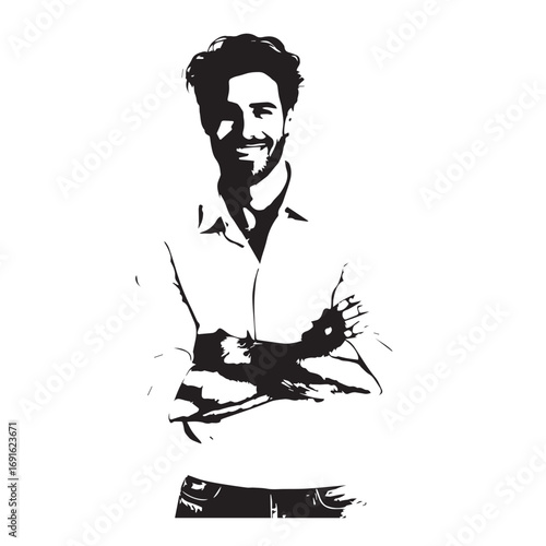 Handsome Man Black and White Illustration Vector Image Male Portrait Fashion Sketch Line Art Design	