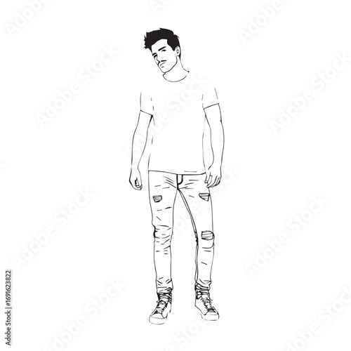 Handsome Man Black and White Illustration Vector Image Male Portrait Fashion Sketch Line Art Design	