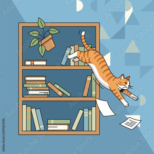 Orange cat jumping off bookshelf and scattering books and papers  