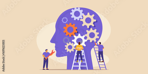 Team of people working together to build and repair gears inside a human head silhouette symbolizing teamwork and problem solving