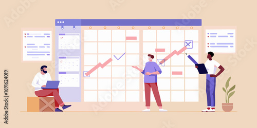 Diverse team collaborating on a project timeline and strategy using a large calendar and charts