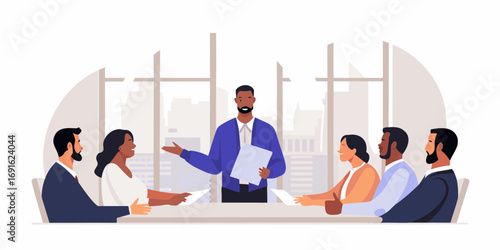 Diverse group of professionals in a modern office meeting discussing ideas and collaborating