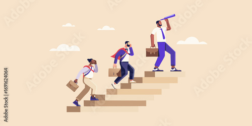 Diverse business professionals climbing stairs towards future success and opportunities with one looking through a telescope