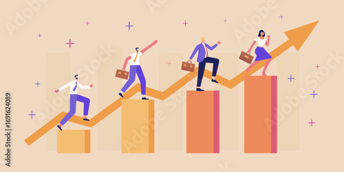 Business people climbing up a rising graph representing growth and success