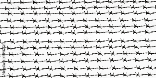 Seamless pattern of black barbed wire strands arranged horizontally on a white background